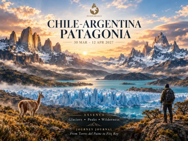 ภาพทิวทัศน์ภูเขาหิมะและธารน้ำแข็งสีฟ้าใน Patagonia พร้อมคนเดินป่าและสัตว์ป่า