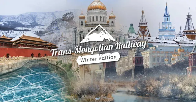 ภาพปกคอลลาจเมืองและภูมิประเทศฤดูหนาวบนเส้นทางรถไฟทรานส์มองโกเลีย