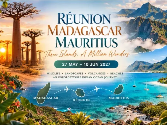 A travel poster collage featuring baobab trees, mountains, and a coastal bay with sailboats, overlaid with text for a 2027 trip to Réunion, Madagascar, and Mauritius.