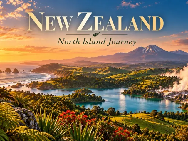 ภาพทิวทัศน์ภูเขาและทะเลสาบในนิวซีแลนด์พร้อมข้อความ NEW ZEALAND North Island Journey